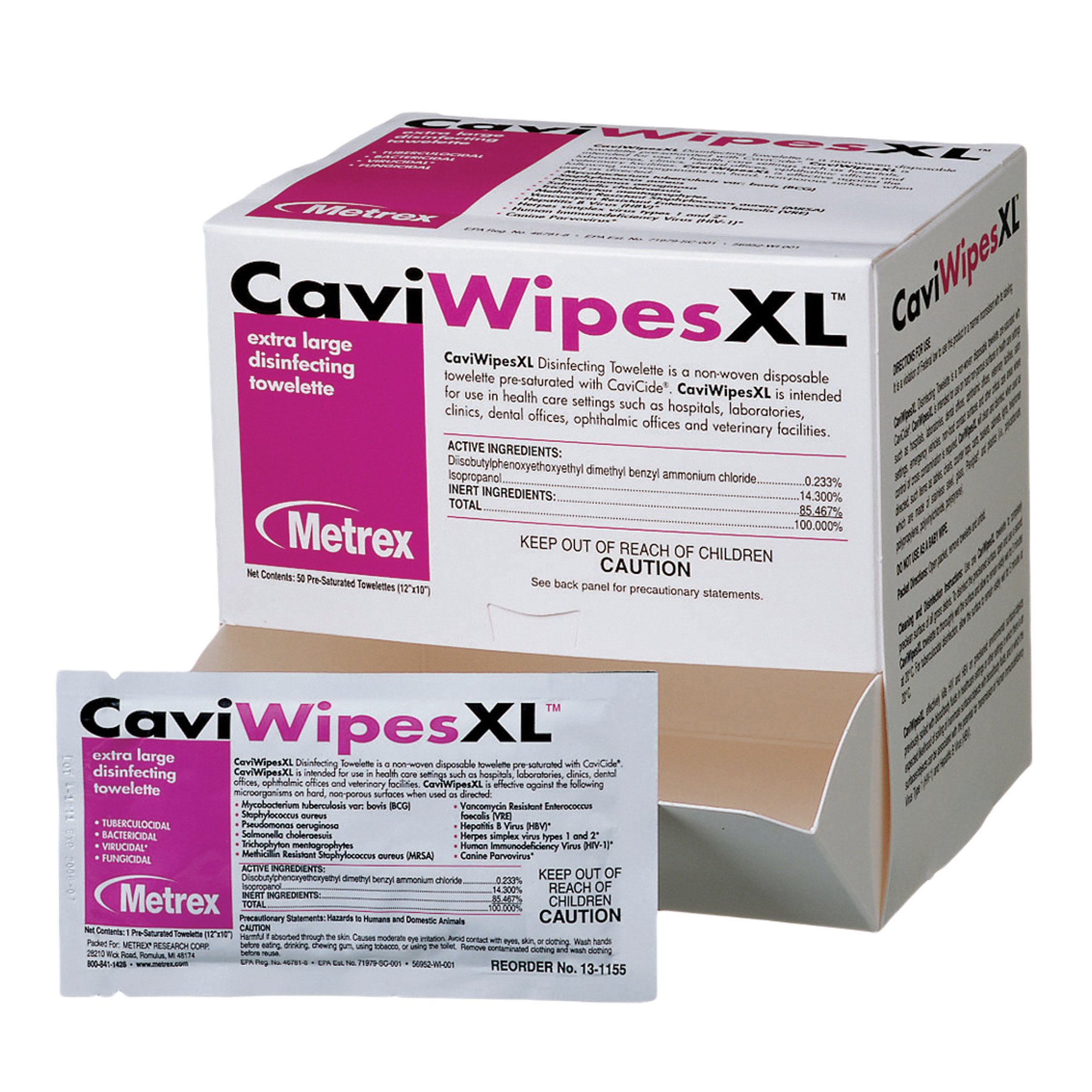 Cloth Towelettes Disinfectant CaviWipes™ XL (9'x12') Single Use, Kills TB in 3 Minutes & MRSA, HIV-1, and HCV in 2 Minutes, Impregnanted with CaviCide Solution NonSterile in Box (50/BX) (300/CS) by Metrex Research Corporation  ID 13-1155